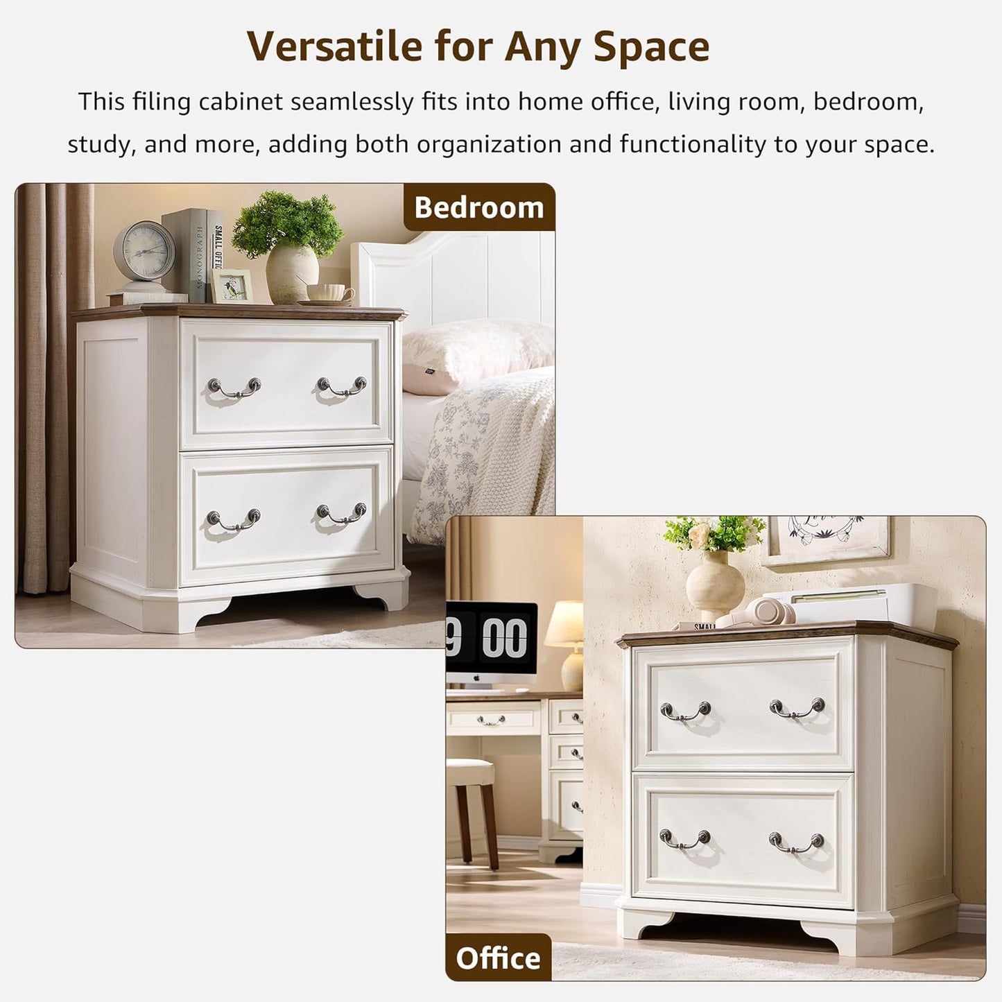 T4TREAM 2 Drawer File Cabinet-30 Wide Wooden Extended Desktop, Farmhouse Filing Cabinet with Smooth Rails, Holds Letter/Legal/A4, Hexagonal Design & Framed Drawer Fronts, Antique White