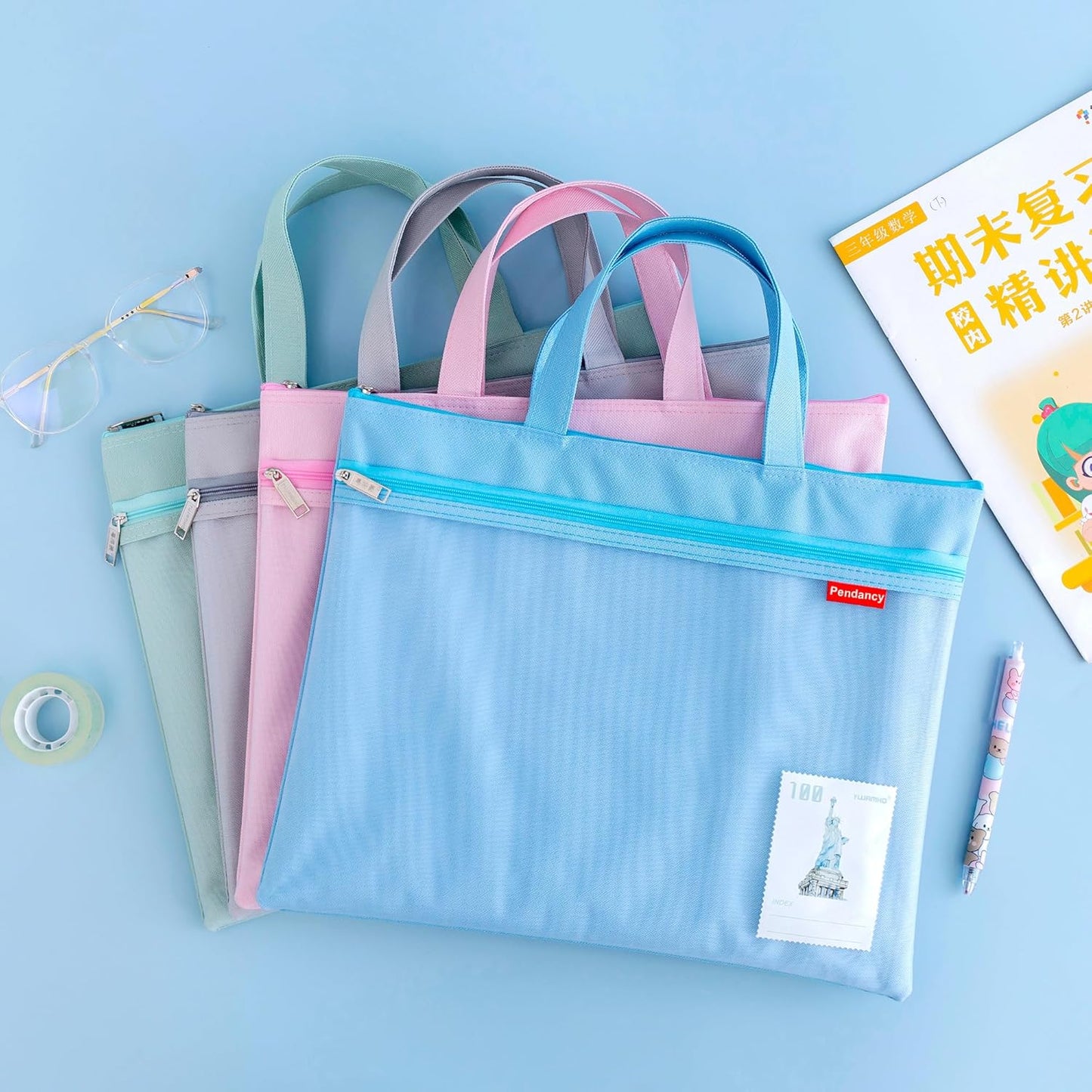 Pendancy Mesh Zipper Pouch 11x13.7 in, Large Double Pocket Waterproof File Bag with Handle, A4 Size Foldable Document Storage for Puzzle Project/Cross Stitch/Travel/Office（Blue）