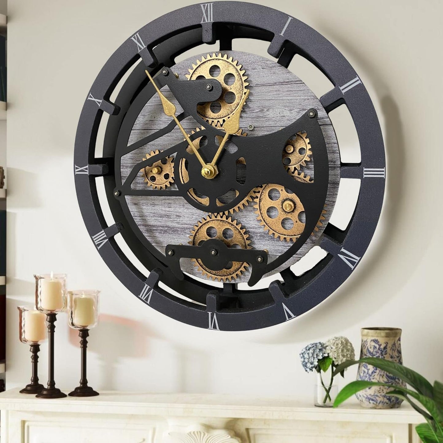 The Gears Clock 16 inches Wall Clock with Real Moving Gears Convertible into a Big Mantel Clock (Silver Grey)