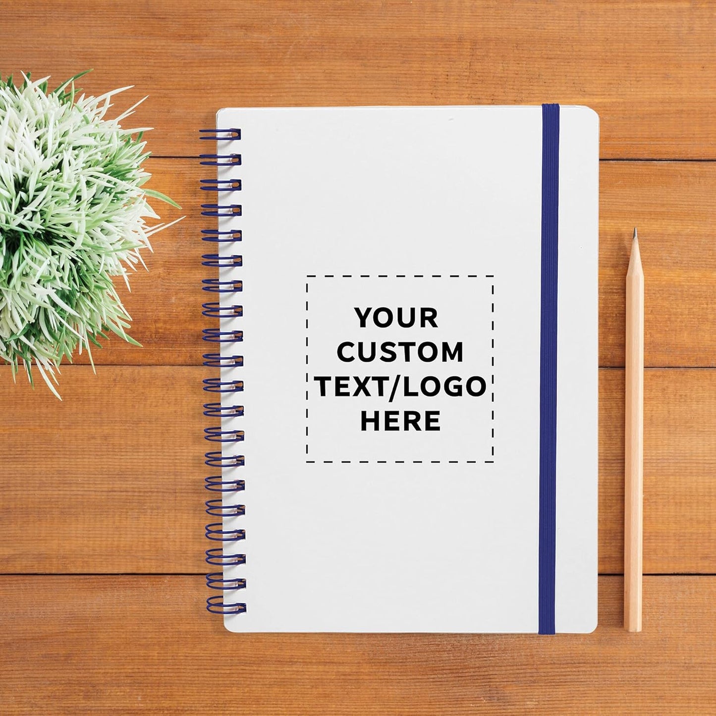 10 White Spiral Notebooks with Elastic Band Pack - Customizable Text, Logo - 80 lined pages, Recycled - Blue