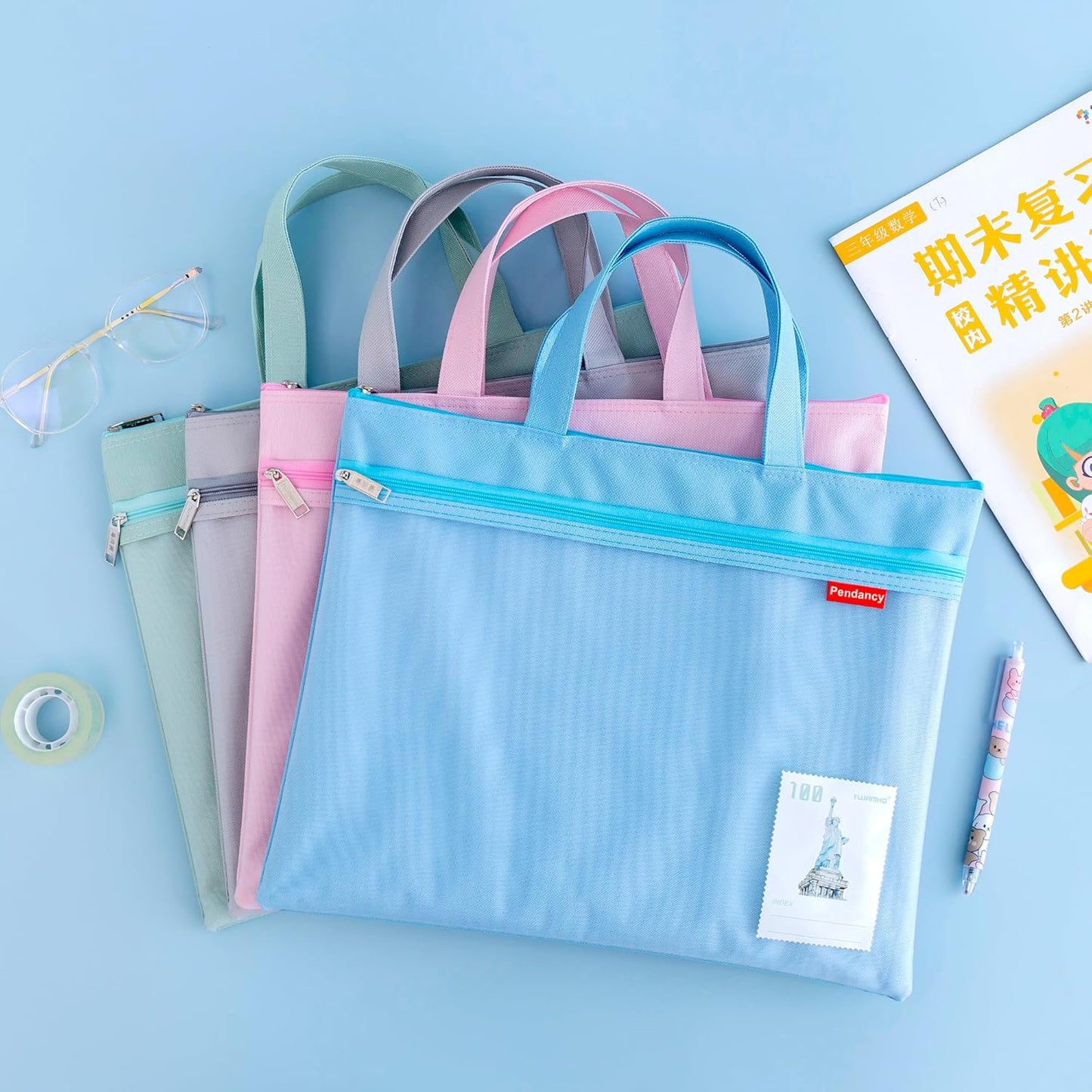 Pendancy Mesh Zipper Pouch 11x13.7 in, Large Double Pocket Waterproof File Bag with Handle, A4 Size Foldable Document Storage for Puzzle Project/Cross Stitch/Travel/Office（Pink）