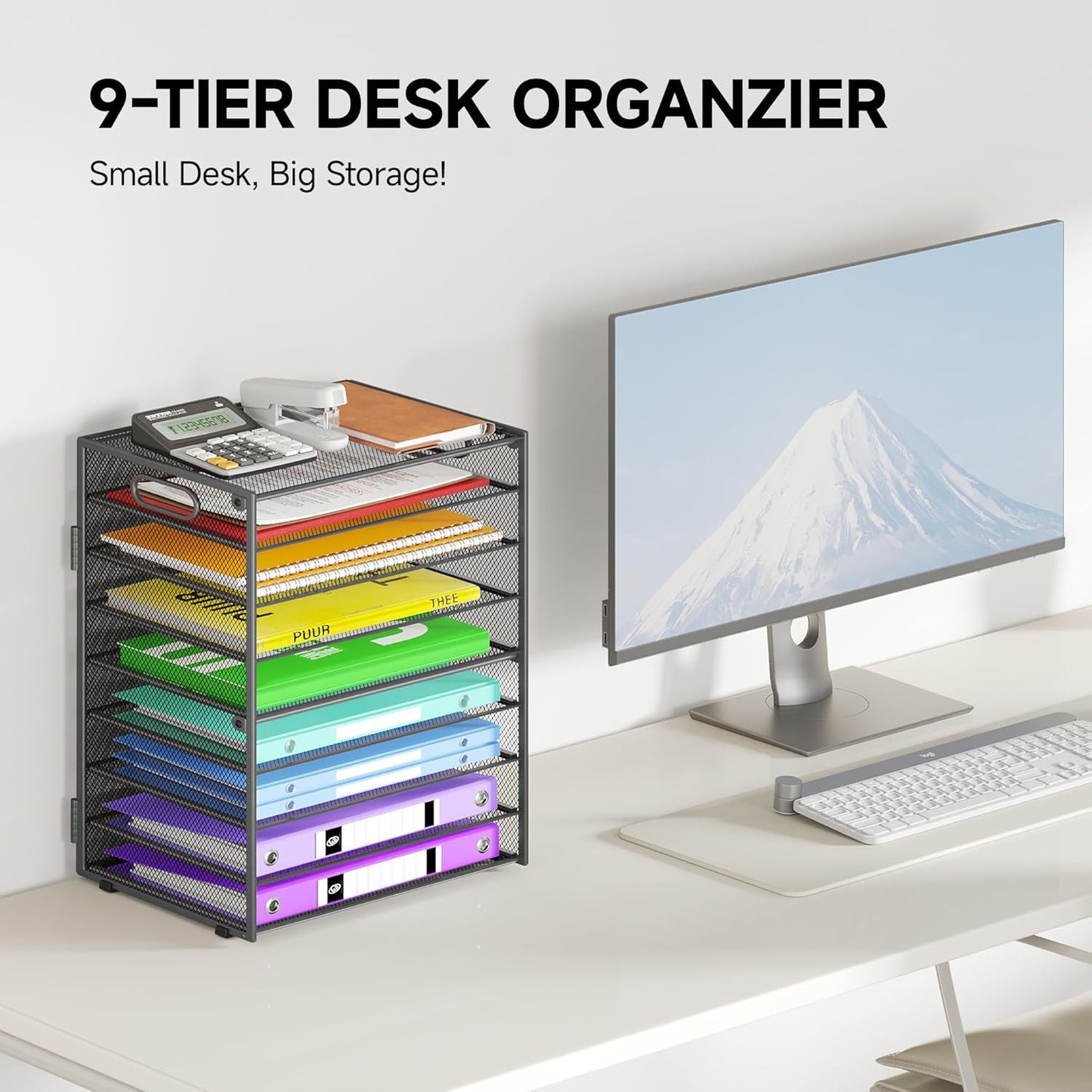 9 Tier Paper Organizer with Handle, Large Capacity Desk Organizer Mesh Paper Letter Tray File Folder Document Sorter for Classroom and Office Accessories Organization- Grey (2 Pack)