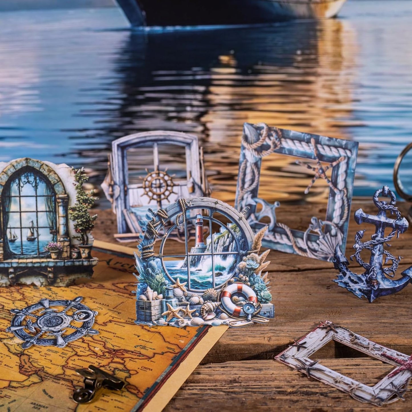 60 Pieces Vintage Maritime Themed Cardstock Cutout Frame Stickers, Aesthetic Scrapbook Stickers for DIY Diary Junk Journal Handbook Album Decoration Label Sticker Journaling Scrapbooking Supplies