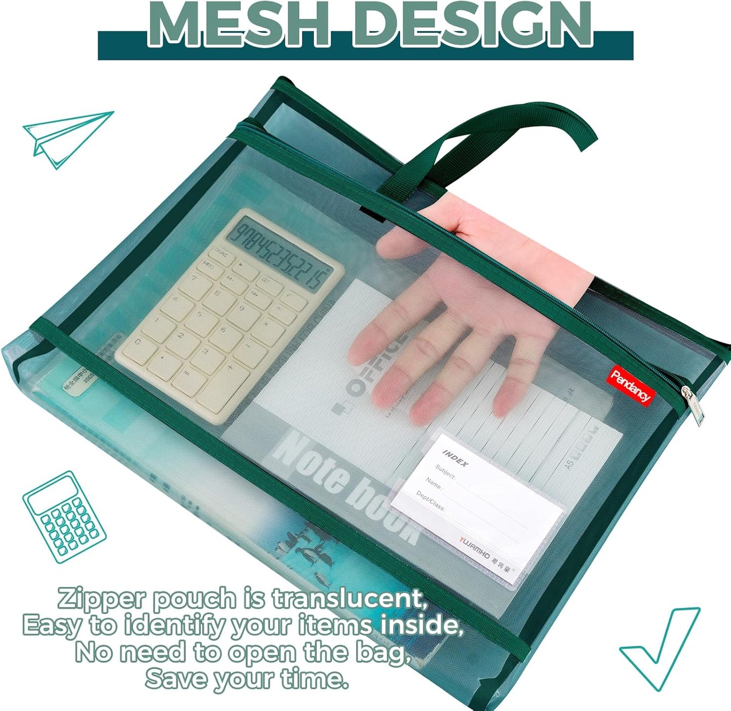 Pendancy Mesh Zipper Pouch A3 Size, Large Double Pocket Lightweight Nylon Transparent File Bag with Handle, 13x17 in Foldable Document Storage for Puzzle Project/Cross Stitch/Travel/Office (Green)