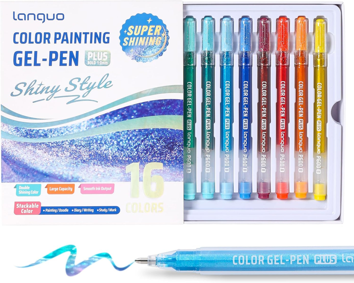 Glitter Gel Pens for Adult Coloring, 16 Colors Double Shining Glitter Gel Pens Colored Set for Drawing, Doodling, Journaling & Creative Art Supplies