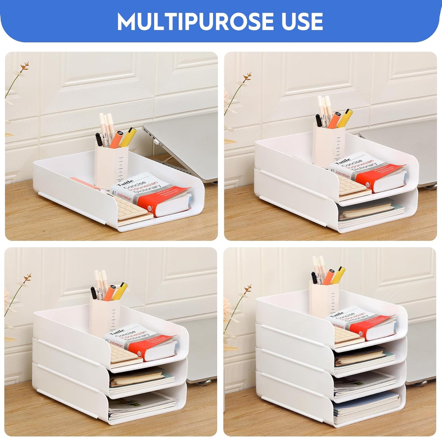 Set of 4 Office Organization and Storage, Clear PET Letter Tray Desk Organizer, Stackable Document Organizer, Office Supply Organizer for Notes, Pens, File Paper, Desk, White