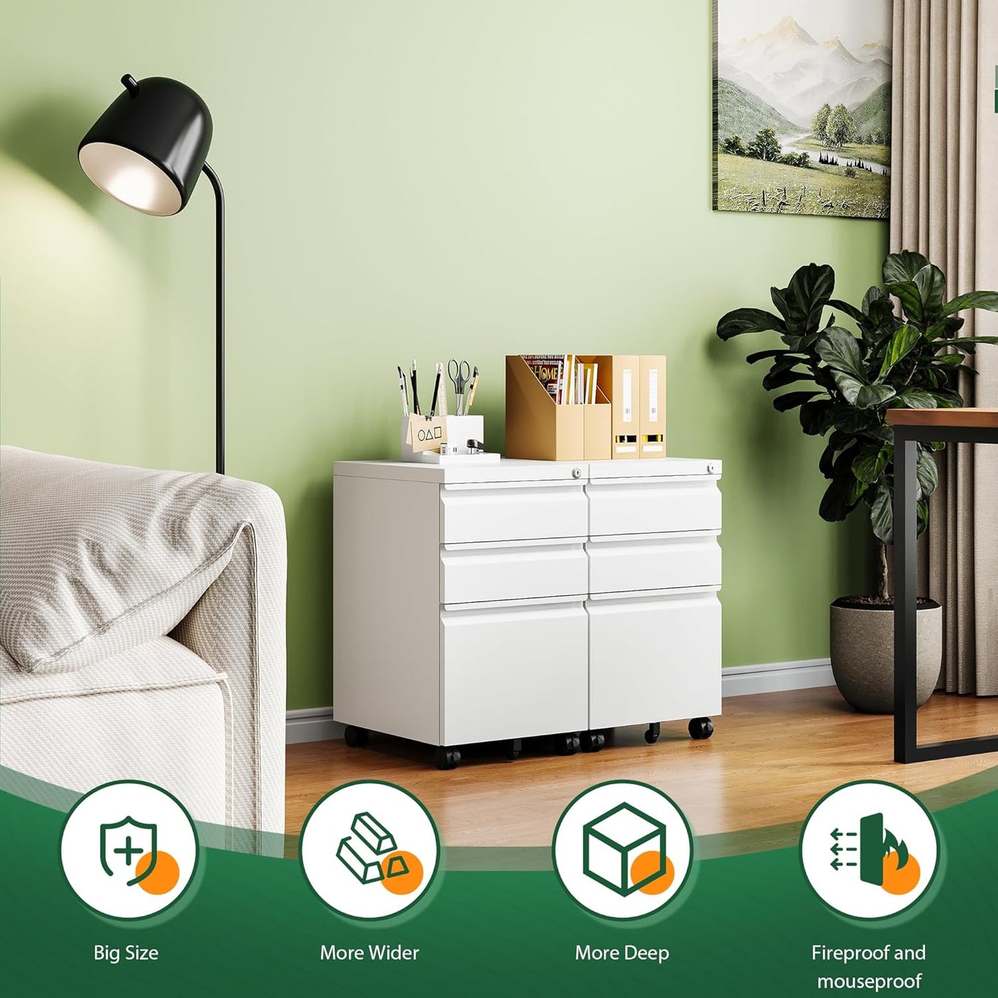 Letaya 3 Drawer Mobile File Cabinet with Lock, Under Desk Metal Filing Cabinets for Home Office Organizer Letters/Legal/A4(Fully Assembled-White)