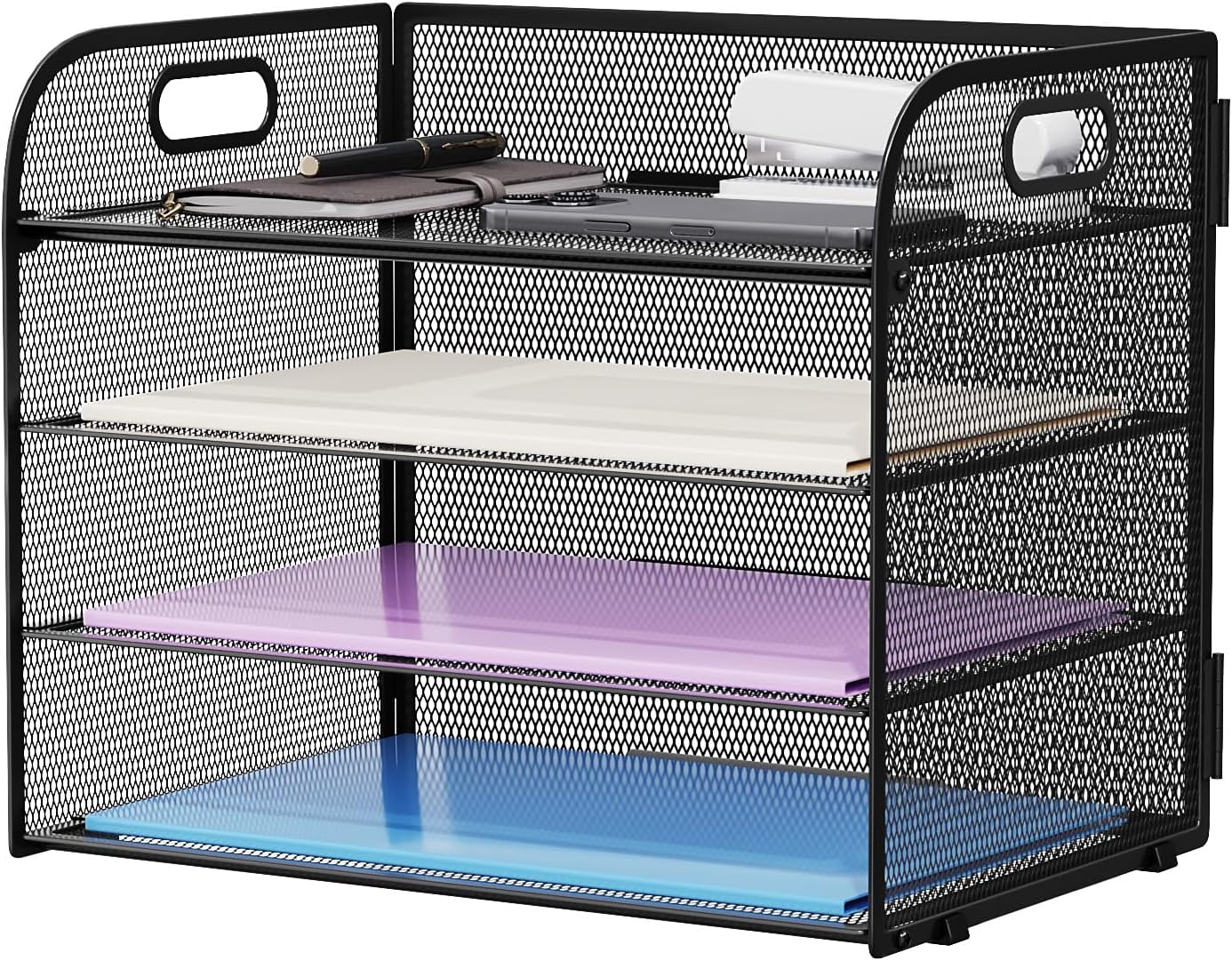 Marbrasse 4 Tier Paper Organizer Letter Tray - Mesh Desk File Organizer with Handle, Paper Sorter Organizer for Letter/A4 Office File Folder Holder (Black, 12.6" x 9.1" x 10.7")