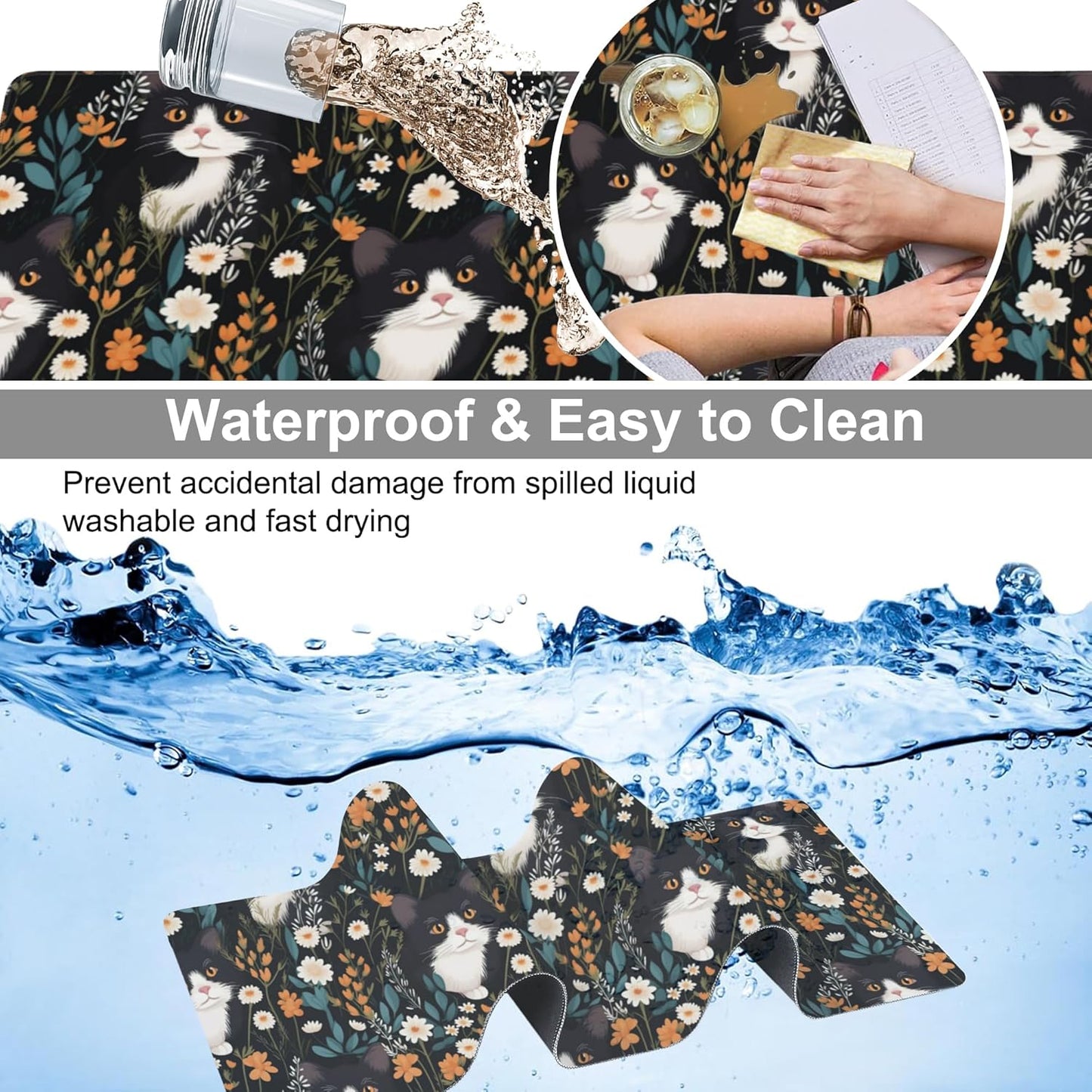 Extended Large Gaming Mouse Pad, Black Cat Wildflowers Large Desk Mat for Desktop XXL, Non-Slip Rubber Base Stitched Edges Long Computer Keyboard Desk Pad Mouse Mat for Gaming Home Office 35.4"X15.7"