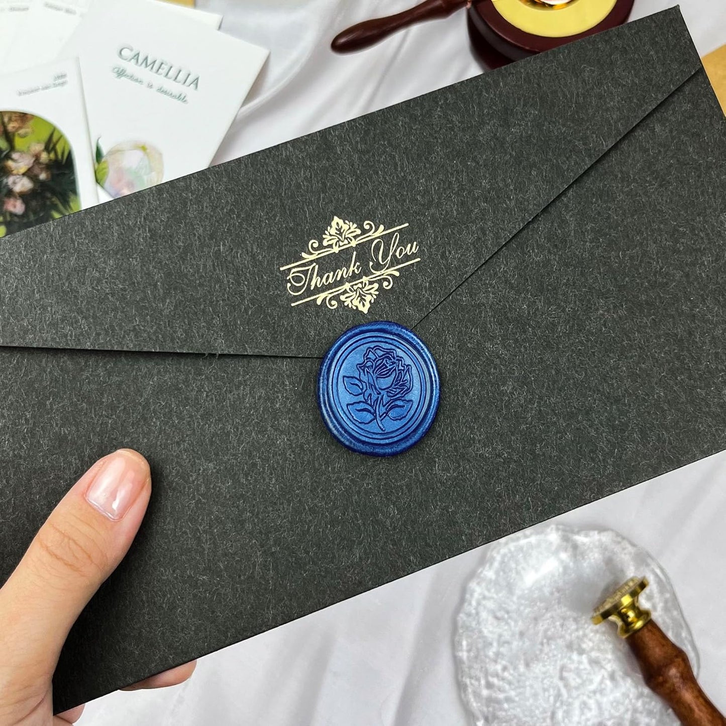 50Pcs Wax Seal Stickers Handmade Envelope Seals Self Adhesive Wax Stickers for Wedding Party Invitations, Envelope, Gift Wrap, Christmas(Rose Style, Blue)