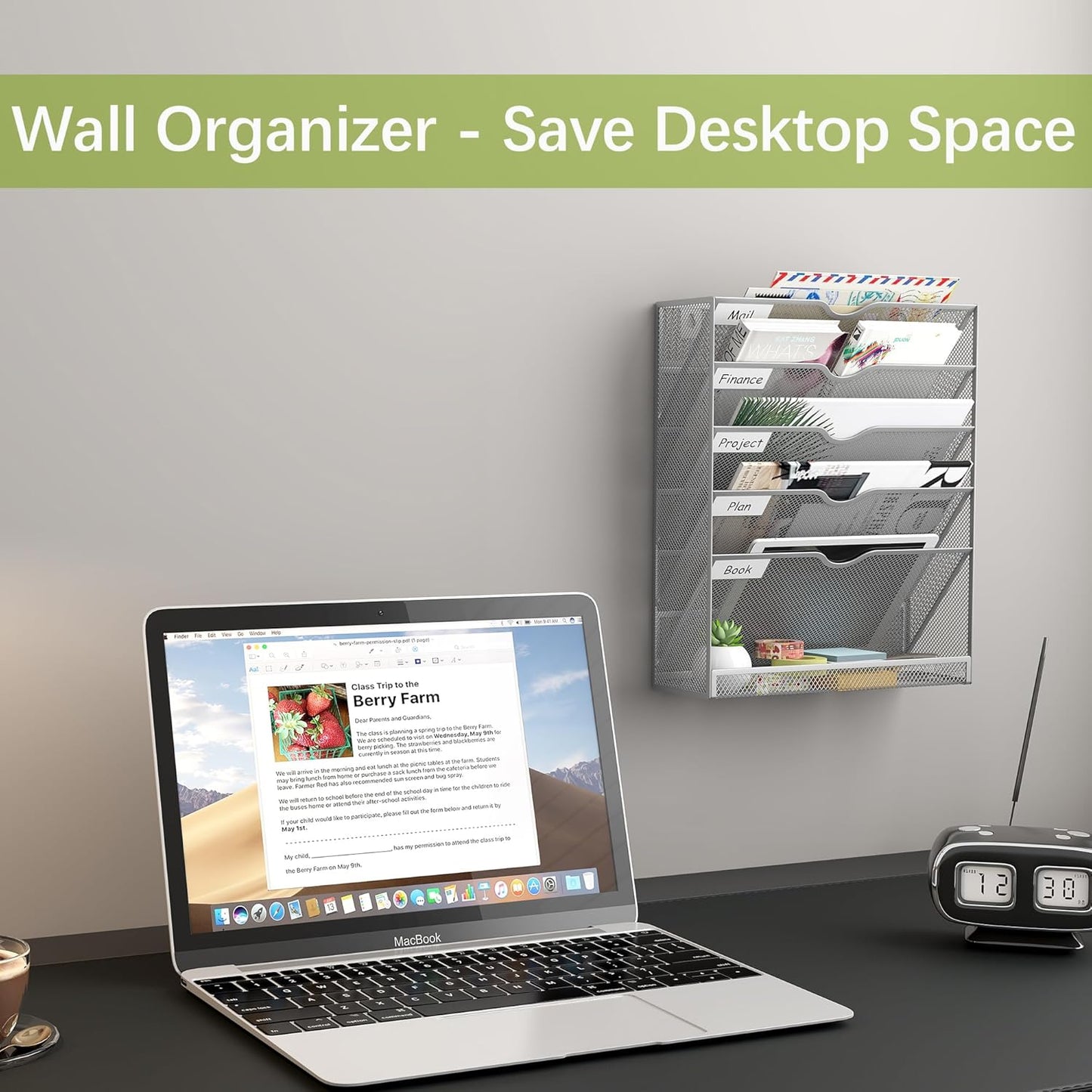 EasyPAG 5-Tier Wall File Holder, Mesh Hanging Folder Organizer with Classify Label, Versatile Desk File Organizer for Office Home, Vertical Wall Mounted Mail Sorter, Sides Closed, Silver