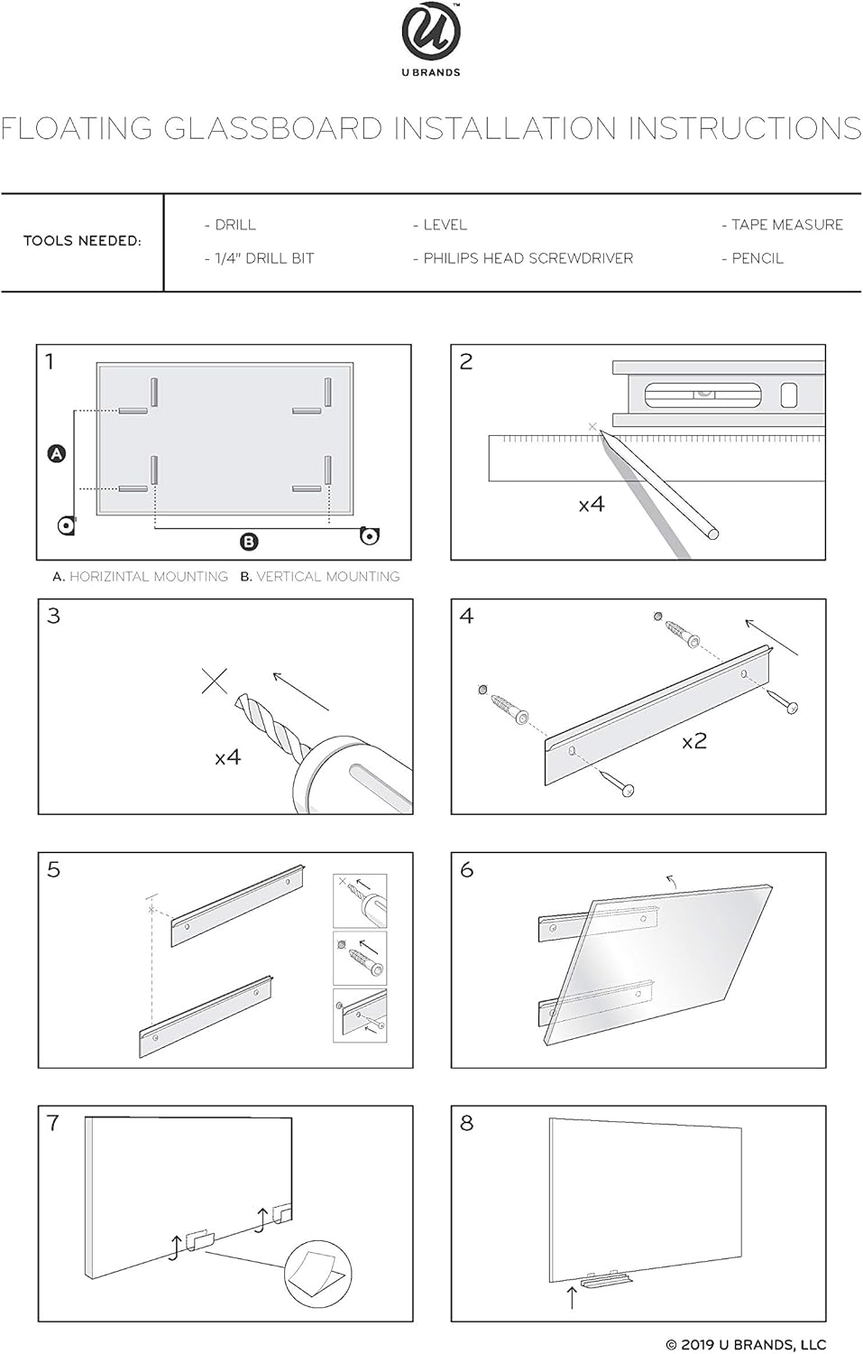 U Brands Glass Dry Erase Board, 24" x 36", 3'x2',Gray Surface, Frameless, Includes Marker