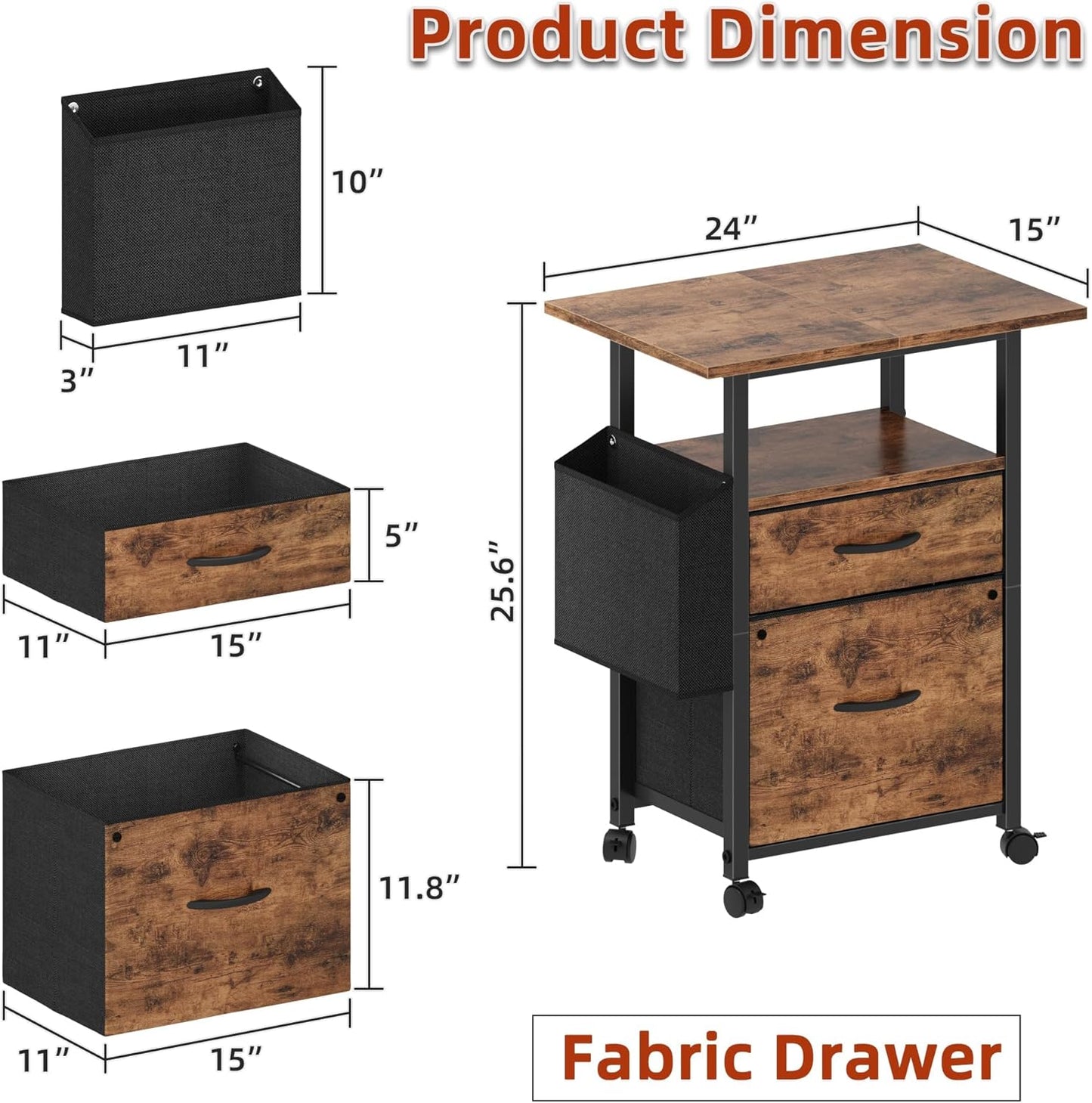 2 Drawer File Cabinet with 24'' Extended Desktop, Mobile Filing Cabinet, Rolling File Cabinet with Side Bag, Fabric Drawer, Fits A4/Letter Size, Printer Stand Home Office, Light Brown