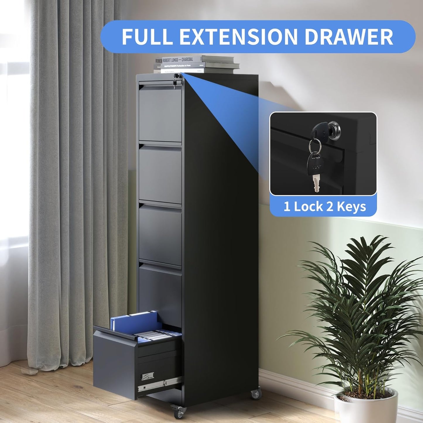 5 Drawer Mobile File Cabinet, Filing Cabinet Home Office for Letter, Legal Size, Black