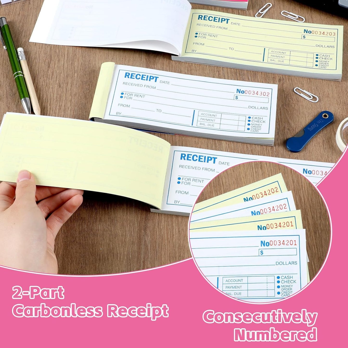 gisgfim 30 Pads Receipt Book with Carbon Copies Money and Rent Receipt Book 2 Part Carbonless Bound Wraparound Cover Petty Cash Business Invoice Book for Small Business 2-3/4 x 7-3/16Inch 50 Set/Book
