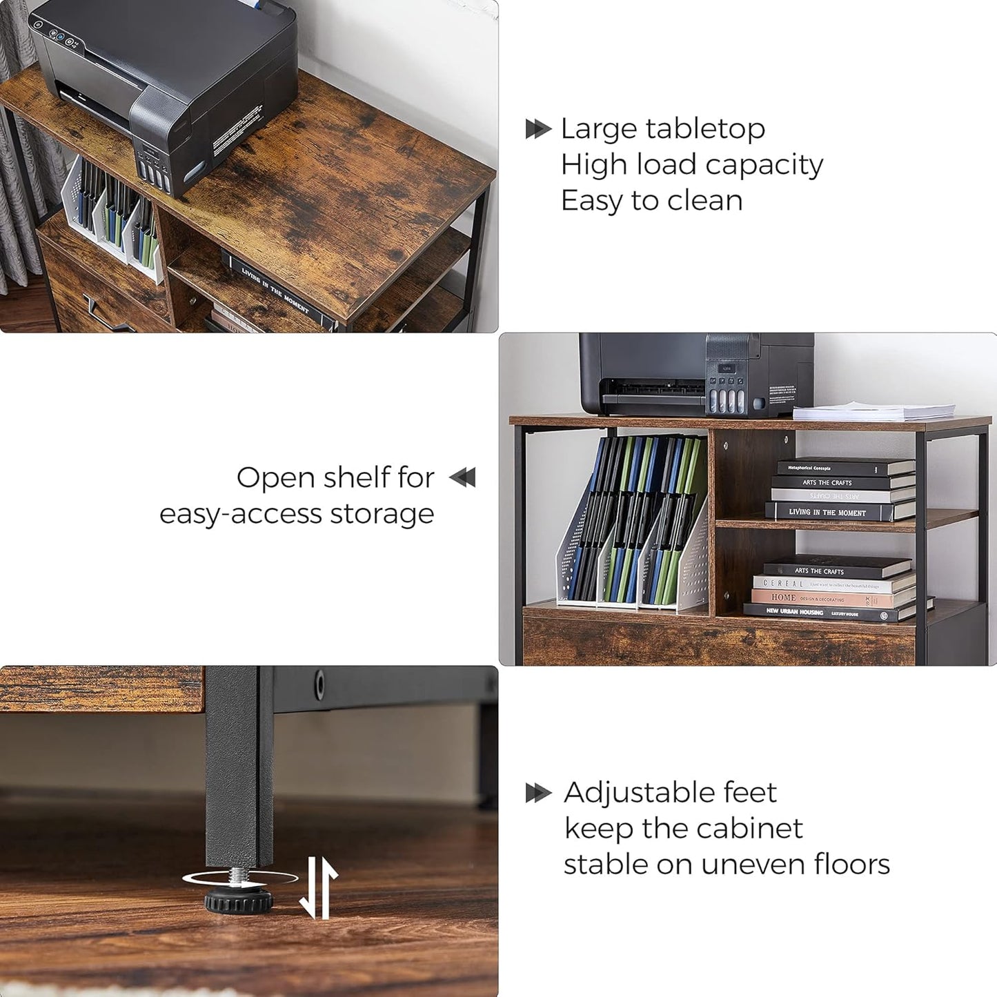 VASAGLE Lateral File Cabinet for Home Office, Filing Cabinet with Open Shelves and Drawer, for A4, Letter and Legal Sized Documents, Printer Stand, Rustic Brown and Ink Black UOFC043B01