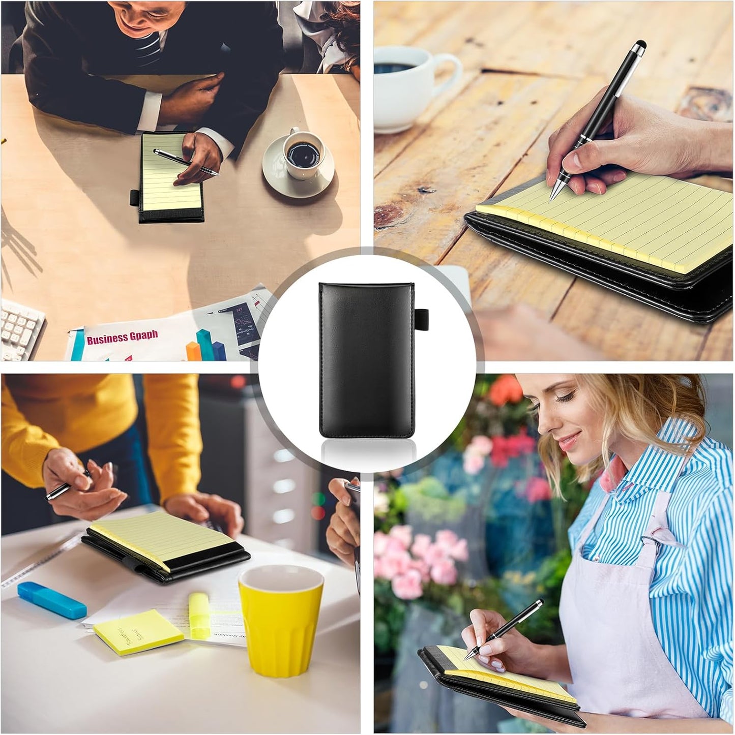 Outus 10 Pcs Pocket Notebook with Pen Set Included Mini Pocket Notepad Holder with 50 Lined Sheets, Metal Pen, 8 Pcs 3 x 5 Inch Memo Book Refills, 30 Lined Paper Per Note Pad (Black, Yellow)