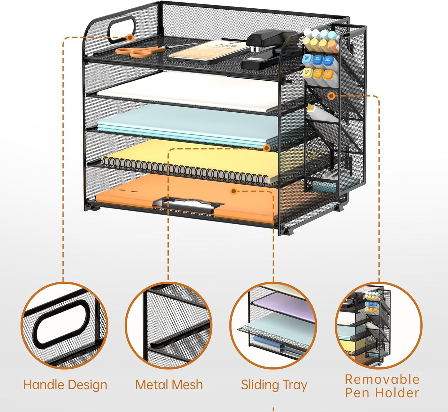 SUPEASY 2 Pack 5 Tier Desk Organizer with Handle & Removable Pen Holders, Mesh Paper/File Organizer for Desk Office Supplies,Black