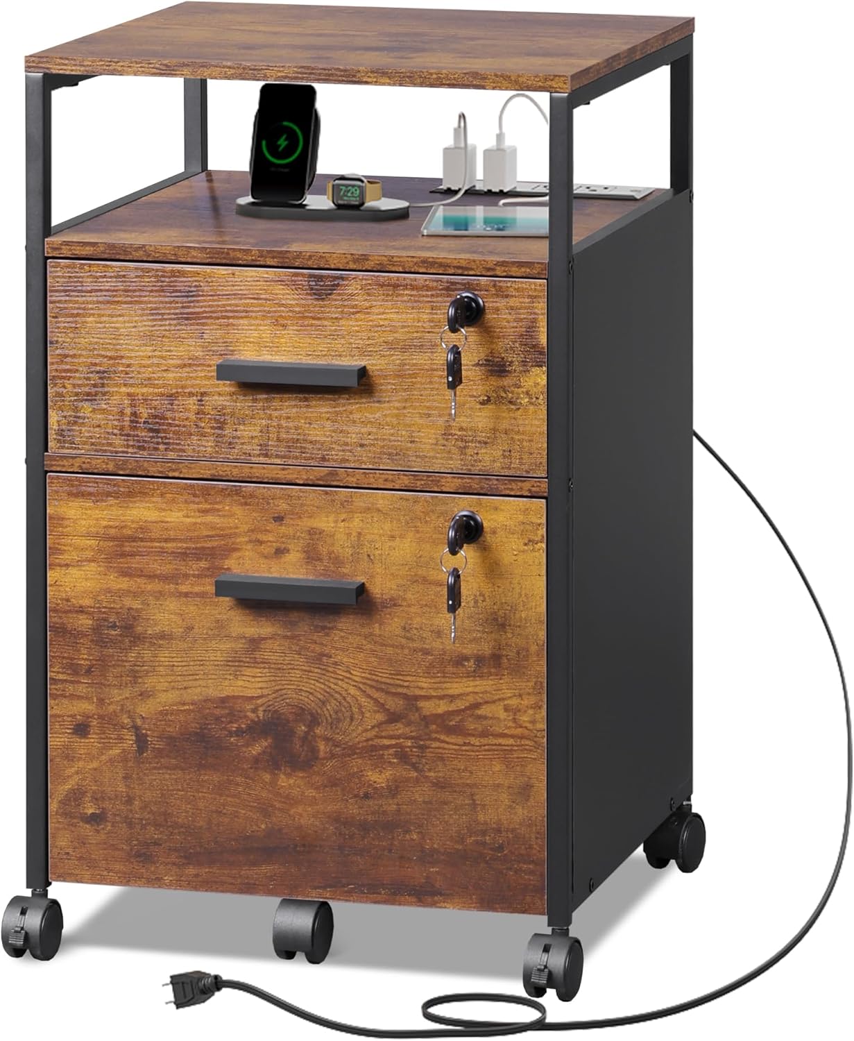 DEVAISE 2 Drawer File Cabinet with Lock and Charging Station, Wood Filing Cabinet fits A4 or Letter Size, Mobile Printer Stand with Open Storage Shelf for Home Office, Rustic Brown