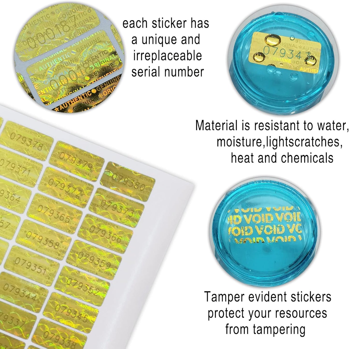 Tamper Proof Stickers Hologram Labels/Sticker High Security Tamper Evident Seal Warranty Void w/Unique Sequential Serial Numbering Original Genuine Authentic Rectangle (0.8x0.4 inch Gold 180pcs)