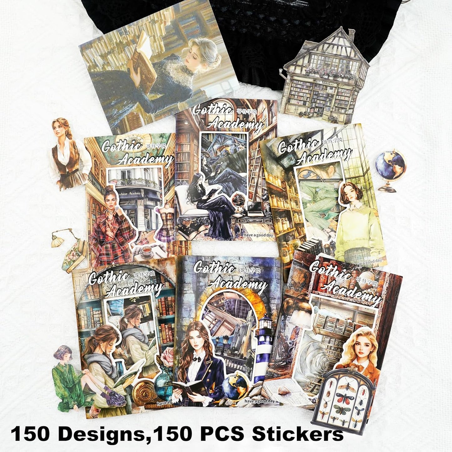 Gothic Scrapbook Stickers Set – 150PCS Vintage Academy Theme Stickers on Washi & Kraft Adhesive Paper, Pre-Cut Borderless Design, for Journals, Collage, DIY Decor