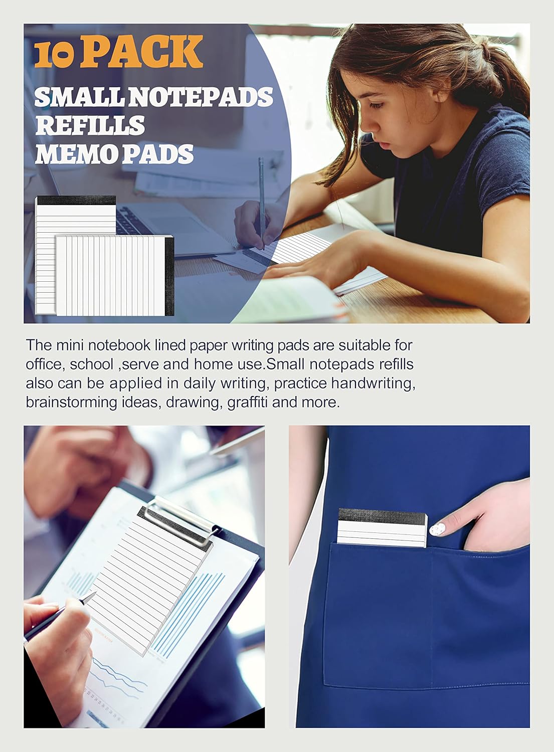 10 Pack Notepad Small Lined Writing Notepads 4 x 6 Inch Memo Pads Refills Paper Tear off Note Pads 4 x 6” Scratch Pads Server Writing Pad Small Notebook with 30 sheets in Each Pad for School Office