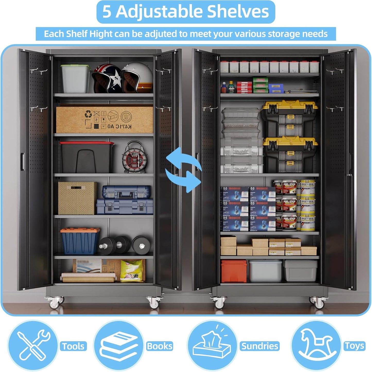 Aobabo Upgraded Garage Storage Cabinets with Wheels,Metal Storage Cabinets with 5 Adjustable Shelves for Garage Home Office Storage, Black,71''H*32''W*16''D,Assembly Required