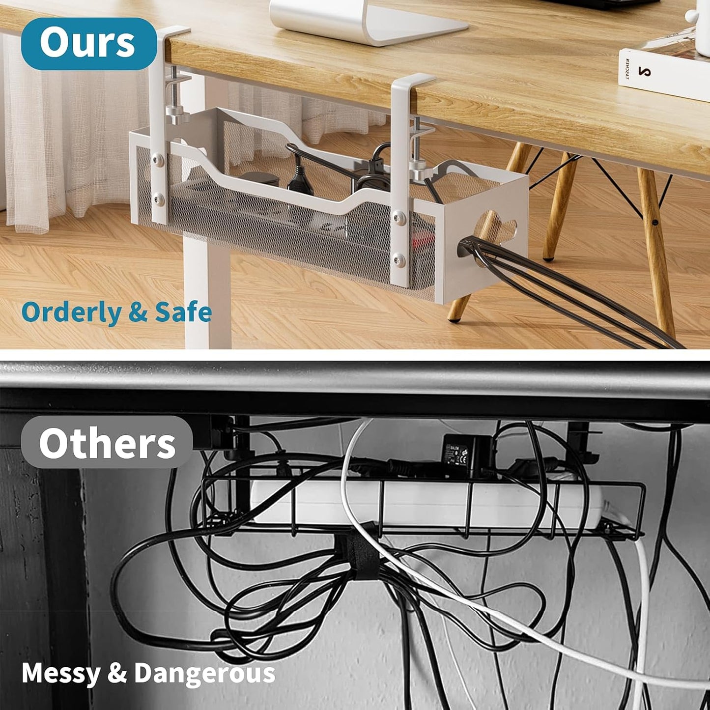 Under Desk Cable Management Tray 2 Pack, No Drill Cable Organizer With Clamp for Standing Desk, Easy to Install Cord Management System, No Damage Wire Organizer