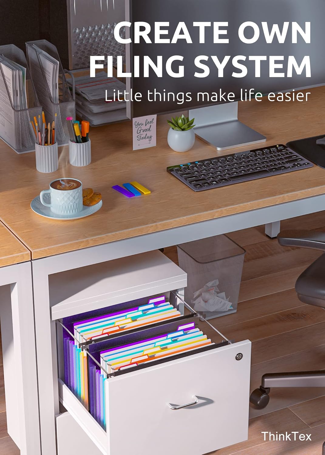 ThinkTex Plastic Expanding Hanging File Folders, 7 Innovative 1.2" Accordion Pockets, Large Capacity, Multi-Color Tabs, Letter Size for Filing Cabinet - 1 Pack