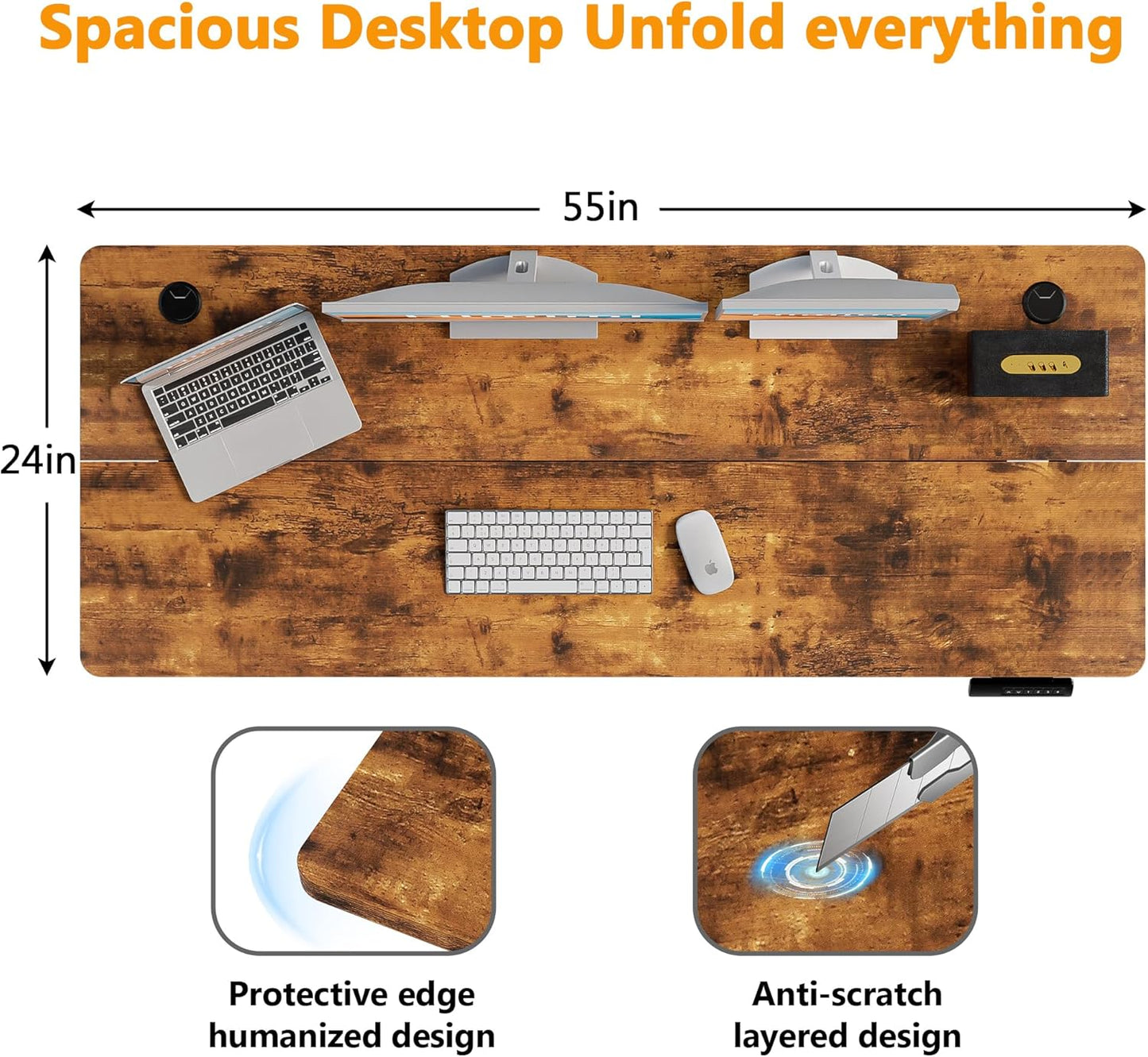 Himimi Electric Standing Desk 55 x 24 inch for Home Office,Sit-Stand Adjustable Desk with Memory Presets,Height Adjustable Desk for Gaming/Working,Free Hook, Lockable Wheels,Mouse Pad,Brown