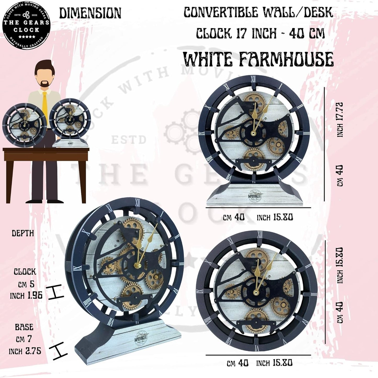 The Gears Clock 16 inches Wall Clock with Real Moving Gears Convertible into a Big Mantel Clock (White Farmhouse)