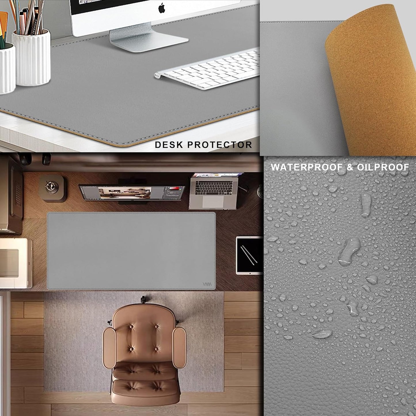 Vyaaa Cork & Leather Desk Mat, 43.3“ x 19.7” Dual Sided Leather Desk Pad, Waterproof Extra Large Desk Mat, Desk Mats on top of Desks for Home or Office (Grey)