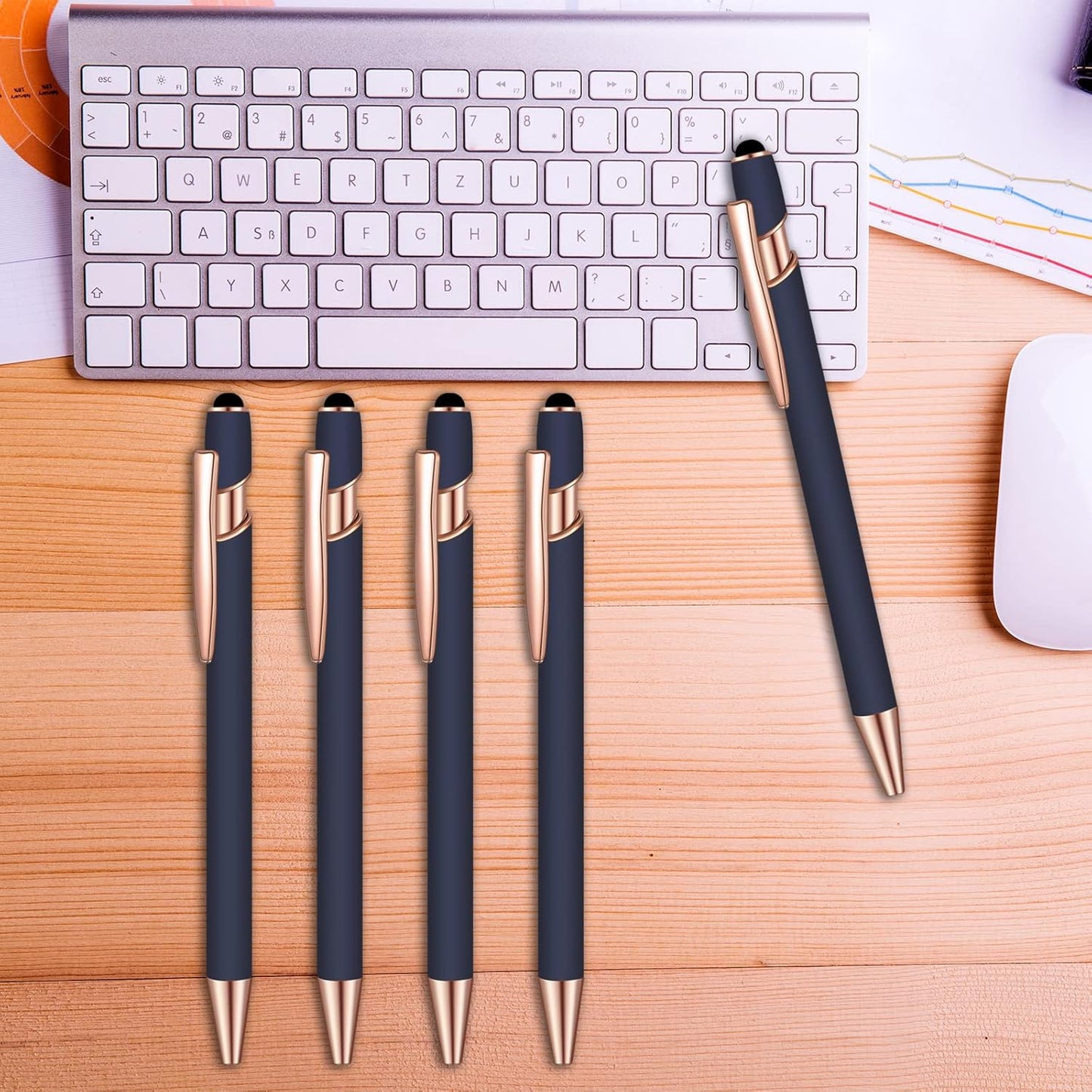 8 Pcs Blue Ink Ballpoint Pen with Stylus Tip 2 in 1 Stylus Ballpoint Pen Metal Pens Stylus Pen for Touch Screens School Office Coworkers (Blue Rose Gold)