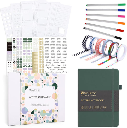 &And Per Se Dotted Journal Notebook Set, A5 Hardcover Dotted Journal (Green), 6 Fineliner Pens, 8 Sticker, 5 Stencil Sheets & 6 Washi Tapes, Journaling Supplies for Planner Schedule