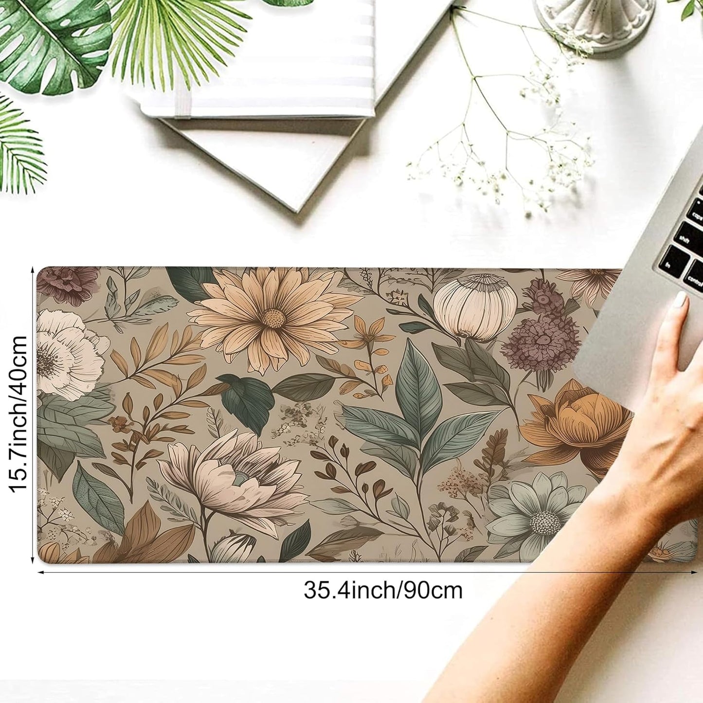 Desk Mat, Vintage Botanical Flowers Leaves Large Gaming Mouse Pad with Non-Slip Base Stitched Edges,Desk pad for Keyboard and Mouse Home Office 35.4"x15.7"