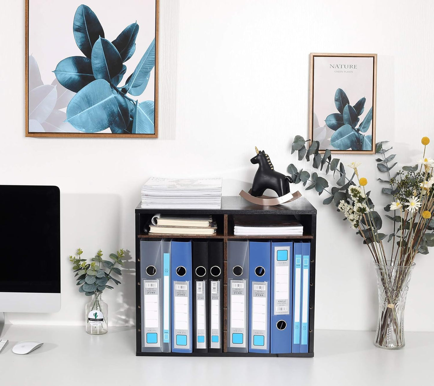 TQVAI Wood Adjustable Literature Organizer Desktop File Sorter Mail Center Paper Storage Cabinet Home & Office Mailbox School Classroom Keepers, 12 Slots Compartments, Black/Archaize