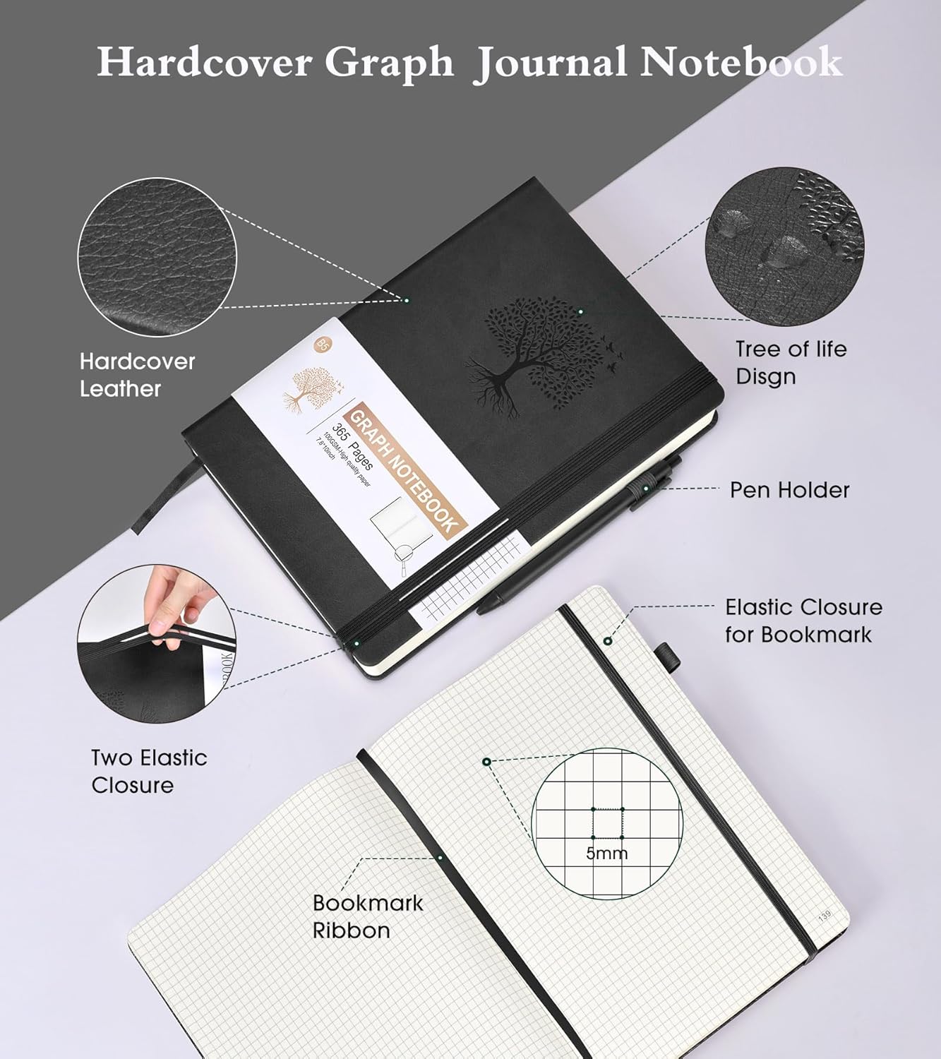 Graph Paper Notebook Journal, 360 Numbered Pages Grid Notebooks, Thick 100gsm Graphing Paper Notebook Journals for Women Men, B5 Large Hardcover Leather Graph Notebook 7.6'' X 10'' Black