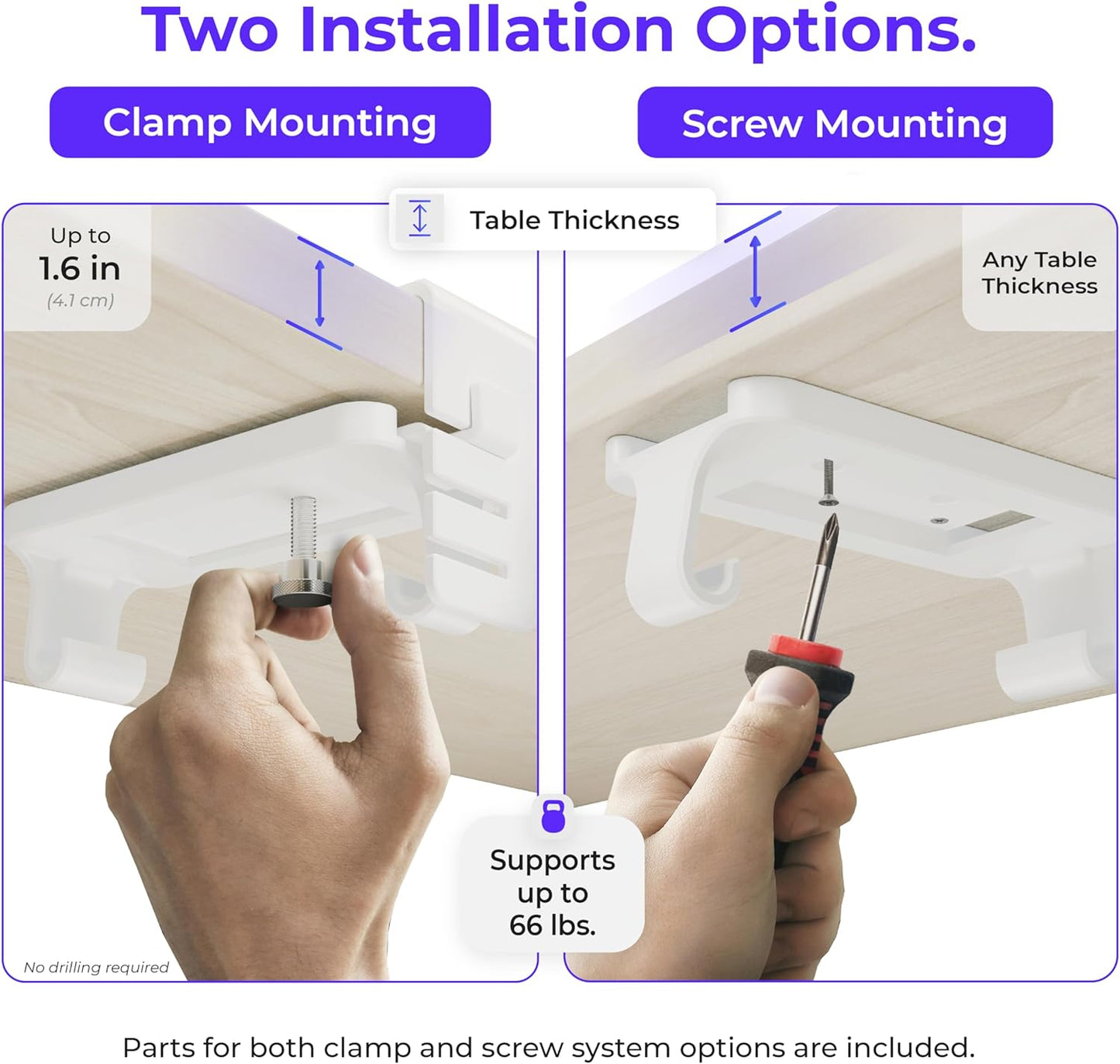 Original No Drill Under Desk Cable Management Tray 14.1" - Premium White Fabric Cable Management Under Desk - Clamp/Screw Mount Cord Organizer - Supports Upto 66lbs