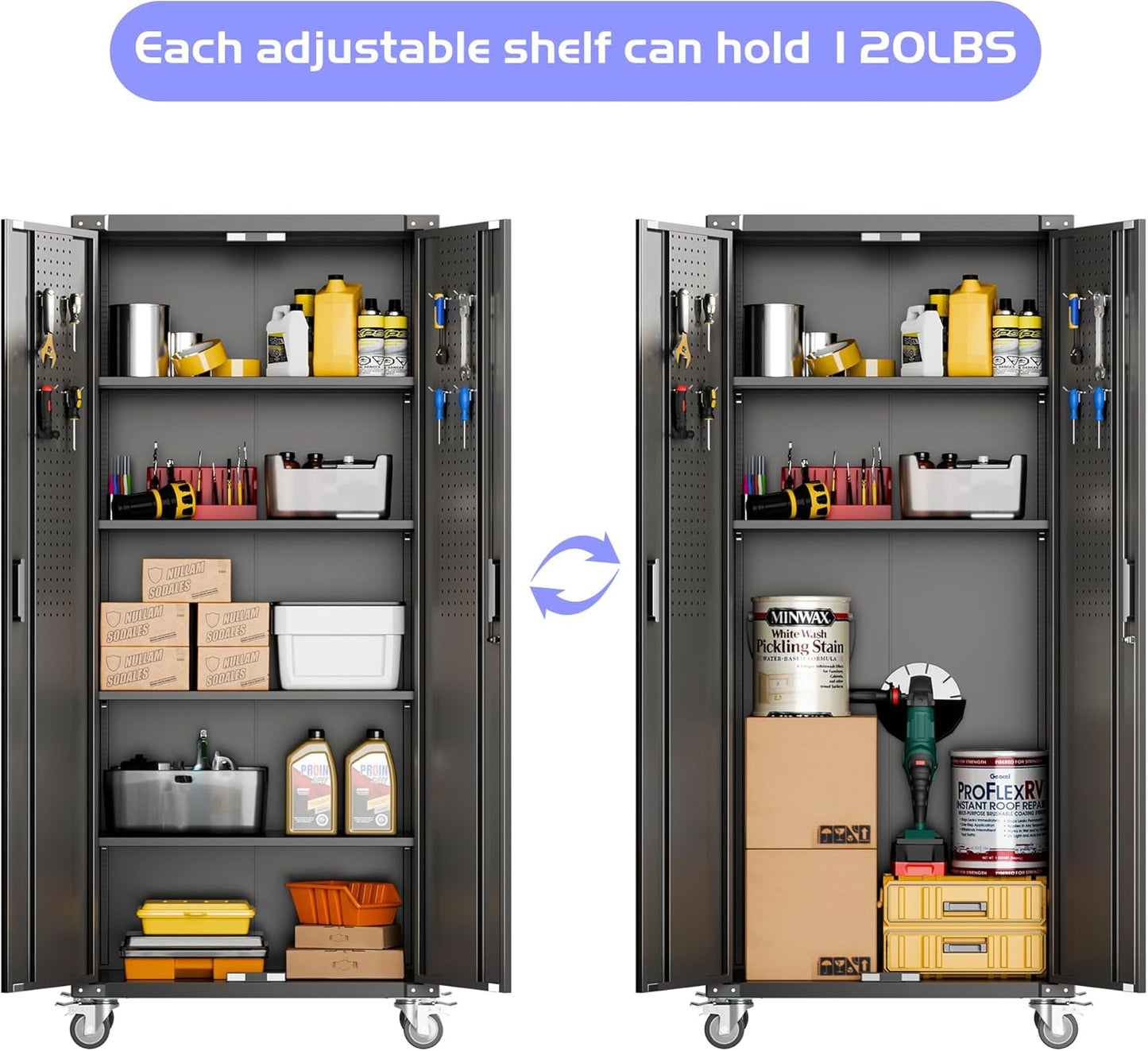 Aobabo Upgraded 72" H Garage Storage Cabinets with Wheels,Metal Storage Cabinets with Door Pegboard for Garage Home Office Storage,Assembly Required, Black