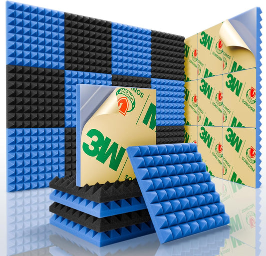 Sonicism Acoustic Panels Self-Adhesive Pyramid 12 Pack,12" X 12" X 1" Sound Proof Foam Panels for walls Fast Expand 35kg/m³High Density Soundproof Wall Panels,Sound Absorption & Decoration(Blue/Black)
