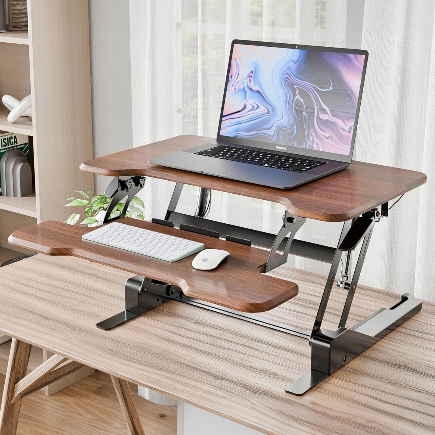 Mount-It! Height Adjustable Standing Desk Converter, Compact 30” Wide Tabletop Standing Desk Riser with Gas Spring, Desktop Stand Up Workstation with Keyboard Tray Fits Monitor or Laptop, Dark Walnut