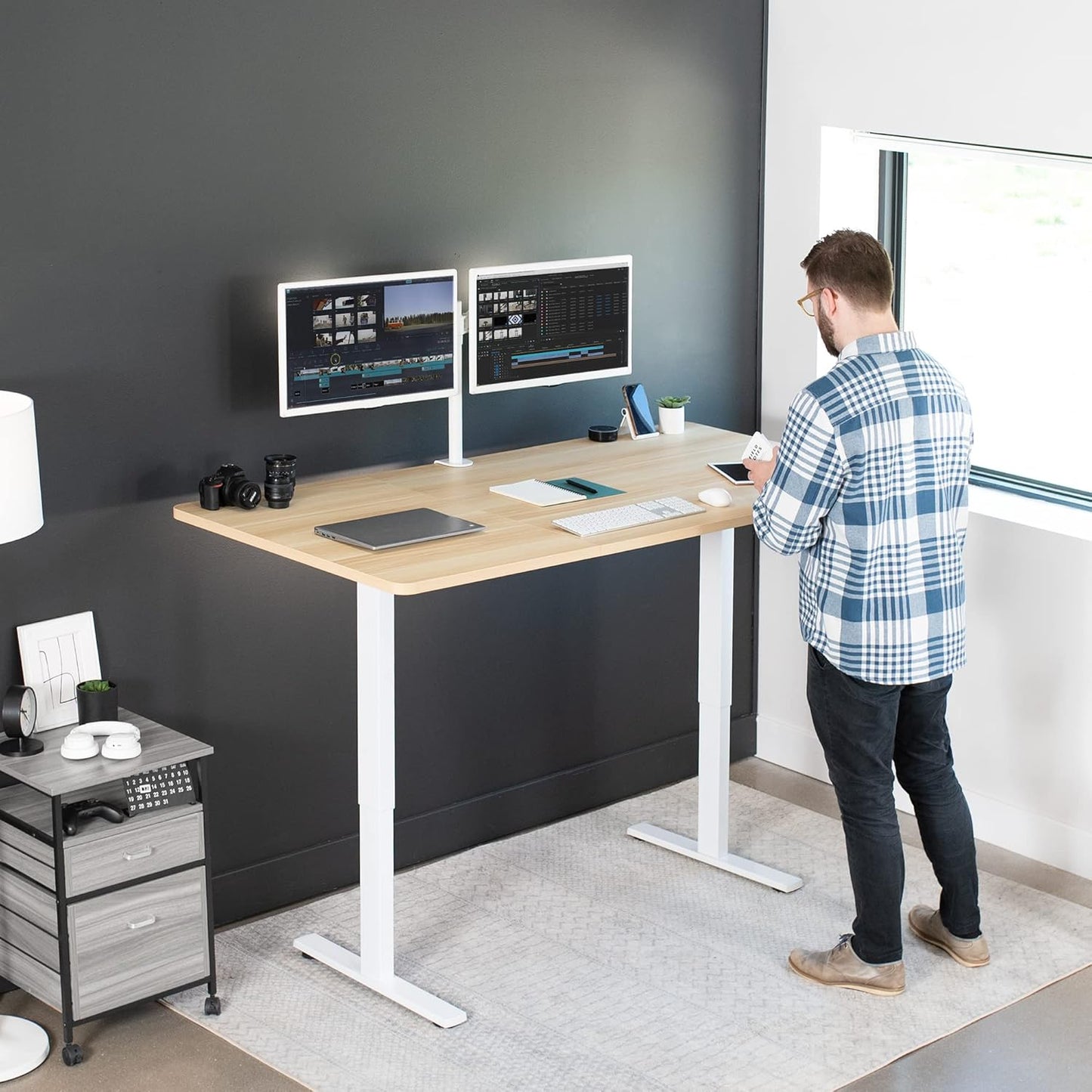 VIVO Electric 71 x 36 in Standing Desk, Memory Height Adjustment, 1B Series, Light Wood Top White Frame, DESK-KIT-1W7C-36