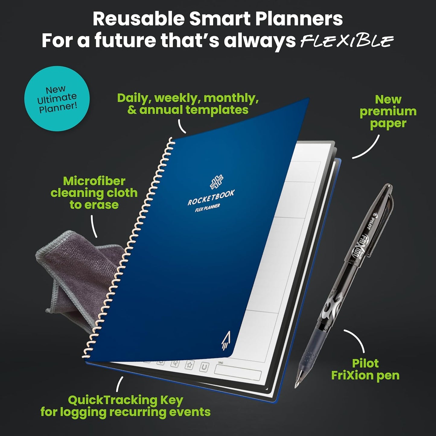 Rocketbook Flex Planner, Reusable Undated Smart, Letter Size 8.5x11 in Navy Blue – Daily, Weekly, Monthly, Annual Calendar, Tasks, Goals, Scheduling, Productivity, App Connected, Erasable, Durable Cover