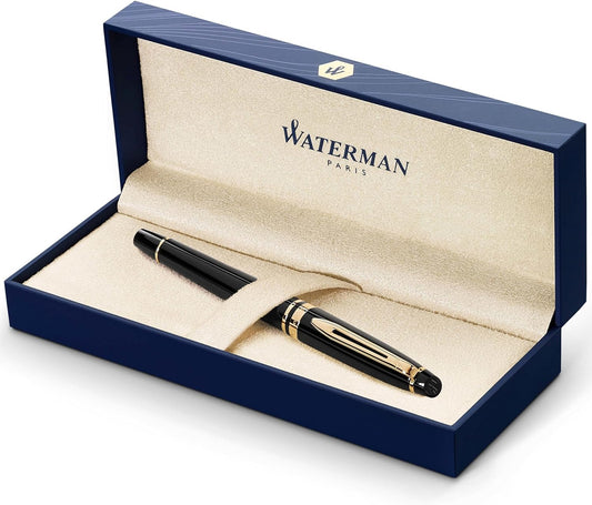 Waterman Expert Fountain Pen, Gloss Black with 23k Gold Trim, Fine Nib, Luxury Fountain Pen in Gift Box, Fountain Pen for Writing