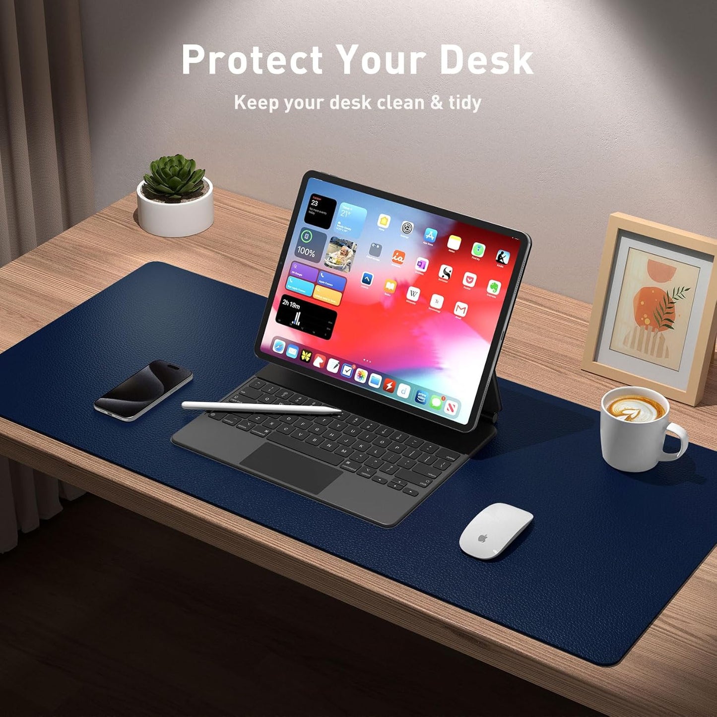 Aothia Leather Desk Pad Protector, Mouse Pad, Office Desk Mat, Non-Slip PU Leather Desk Blotter, Laptop Desk Pad, Waterproof Desk Writing Pad for Office and Home (48"x17", Dark Blue)