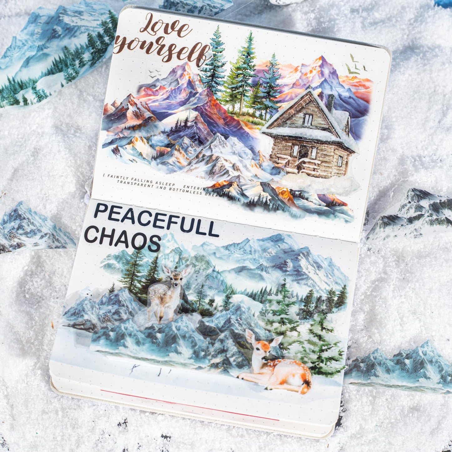 6 Rolls Snow Mountain PET Tape Set, Pre-Cut Scenic Stickers for Scrapbooking, Journaling Supplies, DIY Crafts, with Decorative Clip