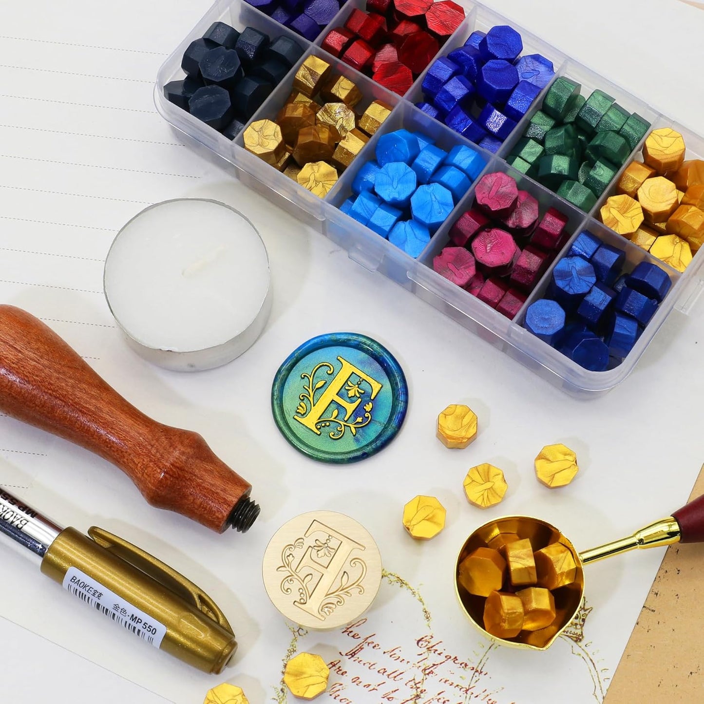 SWANGSA Initial Alphabet F Wax Seal Stamp Kit, Classic Retro Letter Sealing Stamp with 200pcs Sealing Wax Beads Kit for Wedding Invitations Cards Envelopes (F)