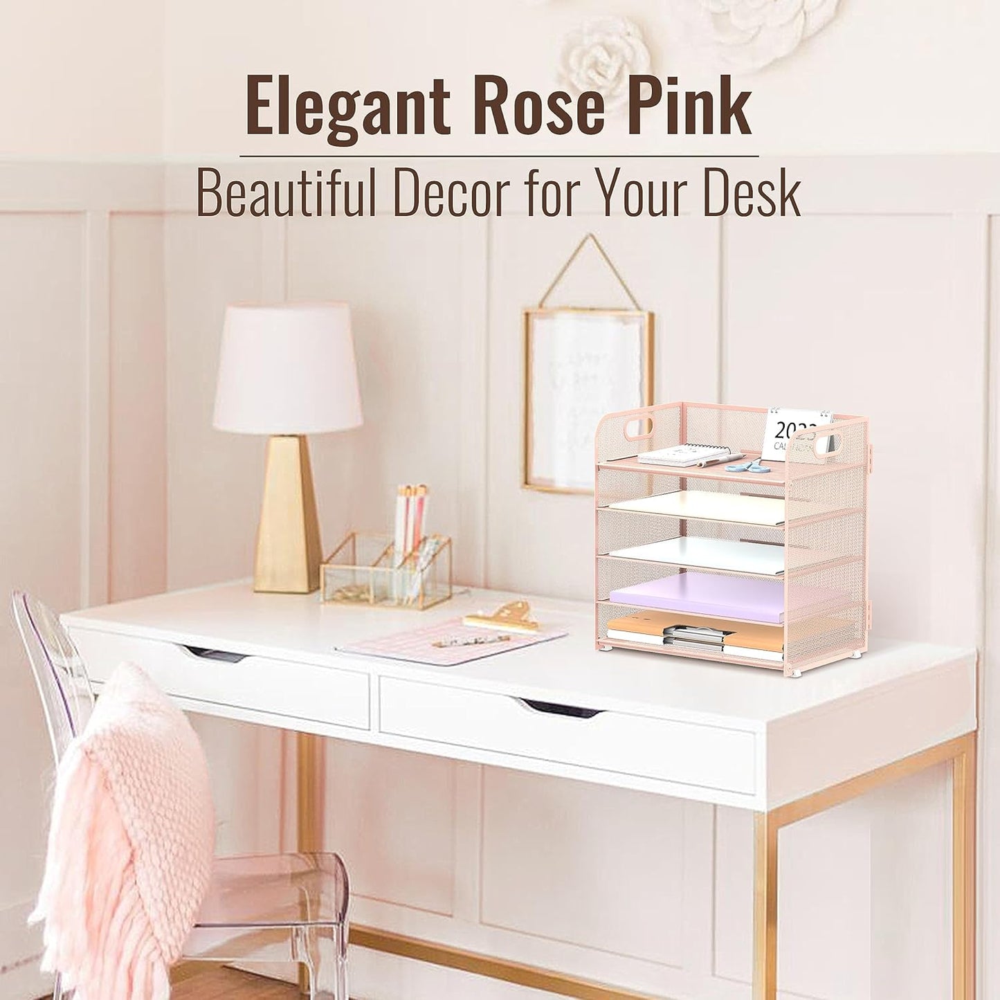 SUPEASY 2 Pack 5-Tier Pink Desk Organizer with Handle Mesh Desk File/Paper Organizer Letter Tray for Office, School and Home Easy Installation