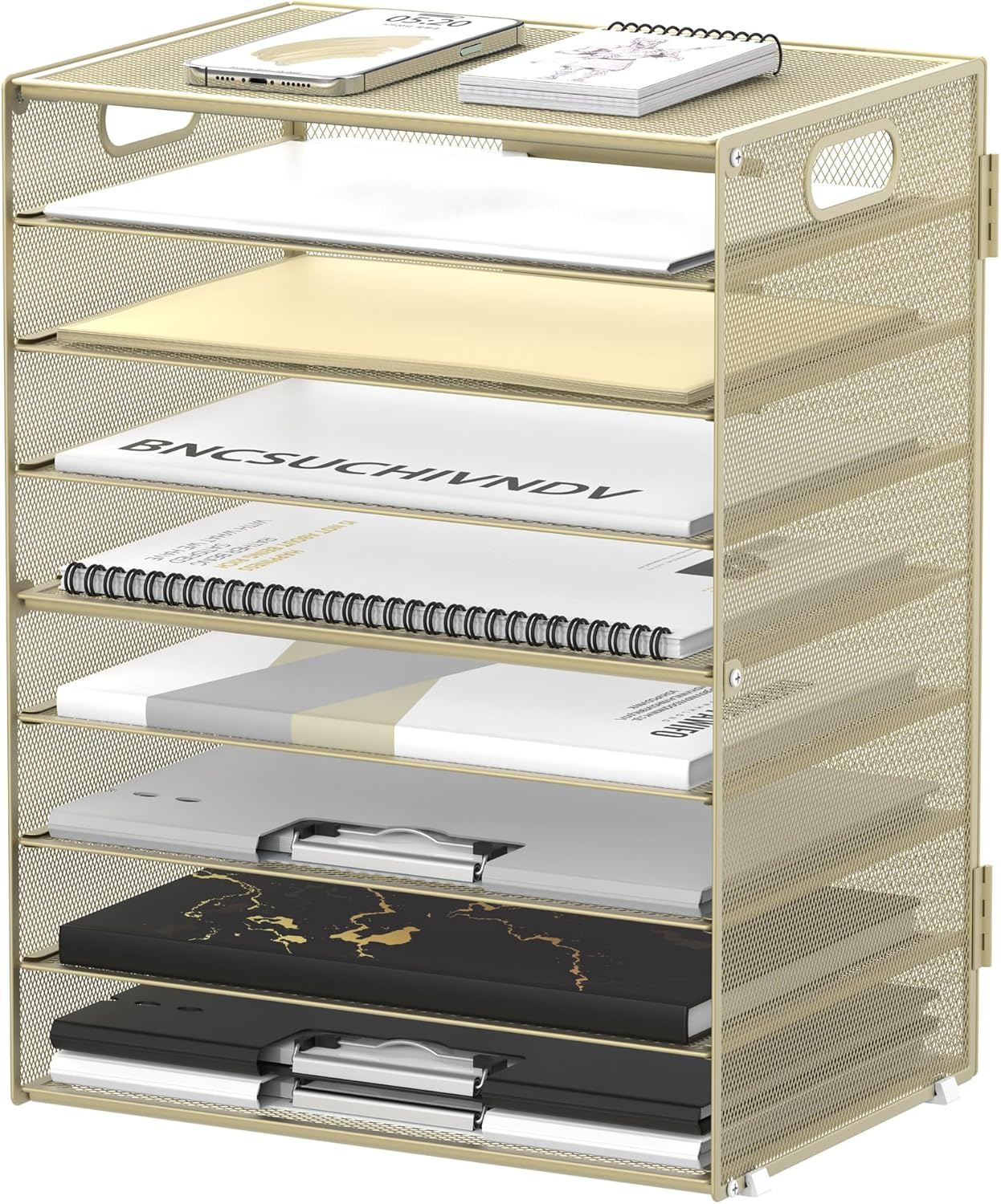 DALTACK 9-Tier Paper Letter Tray Desk Organizer with Handles, Mesh File Holder Organization, File Organizer for Desk Paper Sorter for Office Home School, Golden Yellow