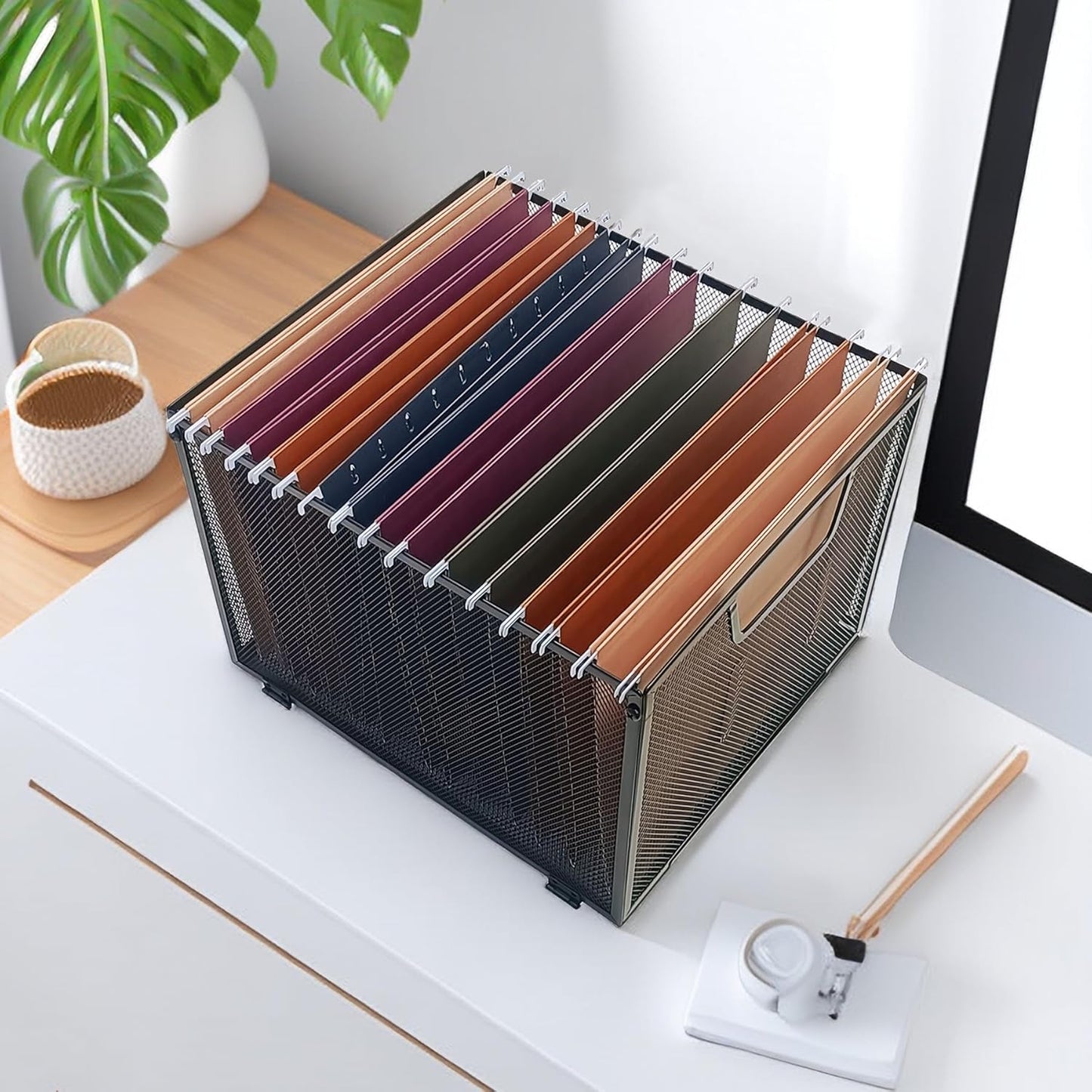 Modern Black Metal Mesh Hanging File Organizer, Office/School/Home File Crate, 13.8 x 12 x 10 inches